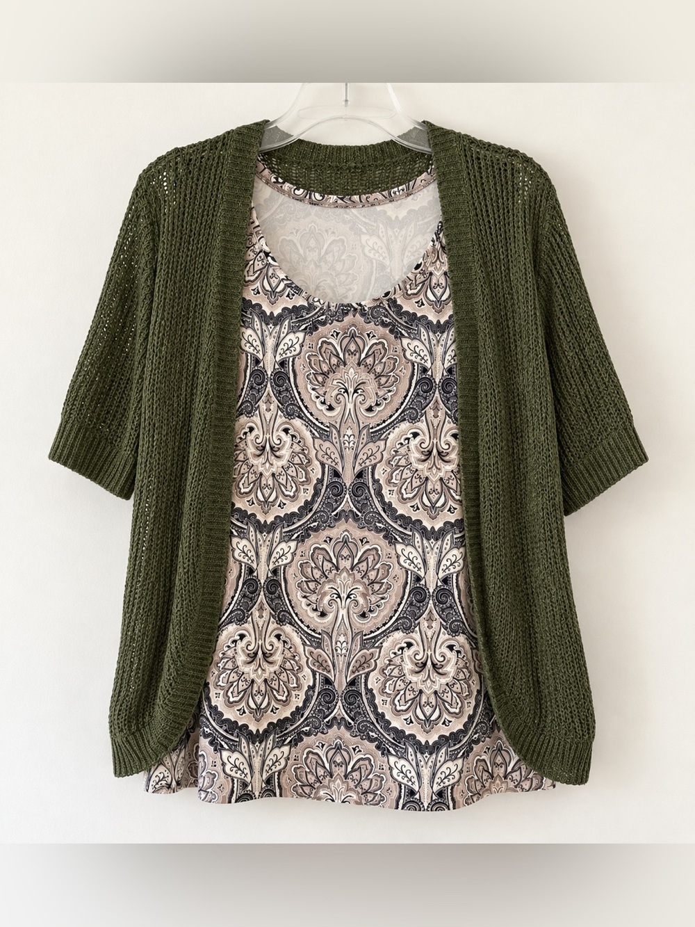 Olive Griege Medallion Shell Open Cardigan | Matched Set GUC L #2118